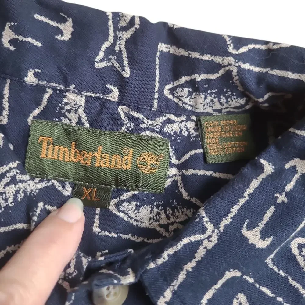 Vintage Timberland Fishing Print Button Up Shirt XL Blue Nautical Cotton